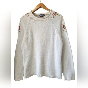 Woolrich Embroidered Cotton Sweater Boho Cottagecore Floral Cream XL